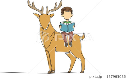 Single continuous line drawing boy reading book on cute horned deer. Read a book some facts about antlered deer. Observing habits. Boy Reading Book at Animal Back. One line design vector illustration Single continuous line drawing boy reading book on cute horned deer. Read a book some facts about antlered deer. Observing habits. Boy Reading Book at Animal Back. One line design vector illustration 127965086