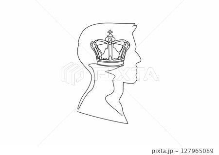 Single continuous line drawing the head of a man with a royal crown in the middle of his head. Preparing the next generation of the kingdom. Inside the Head of Man. One line design vector illustration Single continuous line drawing the head of a man with a royal crown in the middle of his head. Preparing the next generation of the kingdom. Inside the Head of Man. One line design vector illustration 127965089