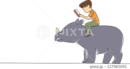 Continuous one line drawing boy reading book on cute rhinoceros. Read about one of the largest remaining megafauna. Nerd. Boy Reading Book at Animal Back. Single line draw design vector illustration 127965091
