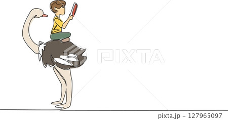 Single one line drawing boy reading book on cute ostrich. Sit cross legged and study seriously. Learn to be an observer. Boy Reading Book at Animal Back. Continuous line design graphic illustration 127965097