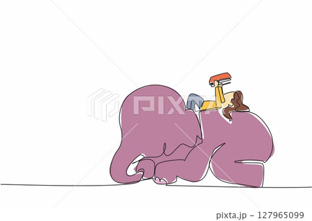 Single continuous line drawing girl reading a book on cute elephant lying down. Study while lying on the back. Education anywhere. Girl Reading Book at Animal Back. One line design vector illustration 127965099
