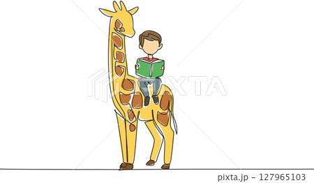 Continuous one line drawing the young boy reading book on cute giraffe. Learn about natural science directly from nature. Boy Reading Book at Animal Back. Single line draw design vector illustration Continuous one line drawing the young boy reading book on cute giraffe. Learn about natural science directly from nature. Boy Reading Book at Animal Back. Single line draw design vector illustration 127965103