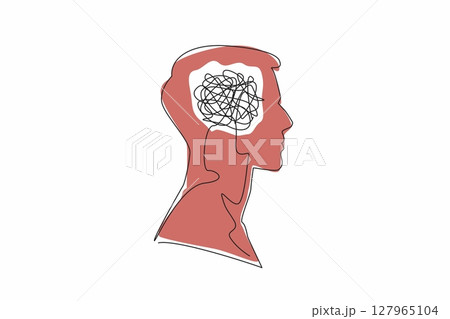 Continuous one line drawing the head of a man with a tangled wire in the middle of his head. Too many problems. Involute. Complex. Inside the Head of Man. Single line draw design vector illustration Continuous one line drawing the head of a man with a tangled wire in the middle of his head. Too many problems. Involute. Complex. Inside the Head of Man. Single line draw design vector illustration 127965104