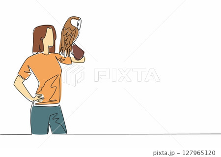 Single one line drawing tawny owl perched on hand of woman. Medium sized owl that lives in England. One of the favorite animals to keep. Woman Holding Bird. Continuous line design graphic illustration Single one line drawing tawny owl perched on hand of woman. Medium sized owl that lives in England. One of the favorite animals to keep. Woman Holding Bird. Continuous line design graphic illustration 127965120