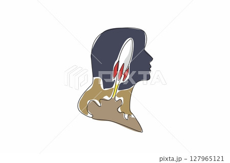 Continuous one line drawing head of woman with rocket in middle of head with cloud of smoke. Preference for advanced technology. Inside the Head of Woman. Single line draw design vector illustration 127965121