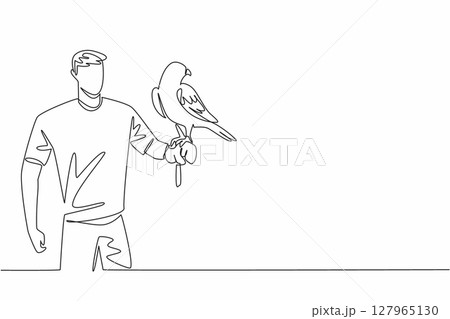 Single one line drawing white and beige falcon bird perched on hand of man. Bird of prey that has excellent flying and hunting abilities. Man Holding Bird. Continuous line design graphic illustration 127965130