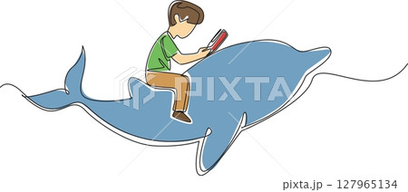 Single continuous line drawing boy reading book on cute dolphin swimming. Studying the intelligence of dolphins comes from. Nerd. Boy Reading Book at Animal Back. One line design vector illustration Single continuous line drawing boy reading book on cute dolphin swimming. Studying the intelligence of dolphins comes from. Nerd. Boy Reading Book at Animal Back. One line design vector illustration 127965134