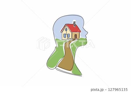 Continuous one line drawing head of woman has a miniature house in the middle of her head. Dreaming of a dream home in the future. Inside the Head of Woman. Single line draw design vector illustration Continuous one line drawing head of woman has a miniature house in the middle of her head. Dreaming of a dream home in the future. Inside the Head of Woman. Single line draw design vector illustration 127965135