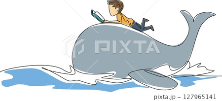 Continuous one line drawing the boy reading book on cute whale swimming. Learning the philosophy of whale life from books. Boy Reading Book at Animal Back. Single line draw design vector illustration Continuous one line drawing the boy reading book on cute whale swimming. Learning the philosophy of whale life from books. Boy Reading Book at Animal Back. Single line draw design vector illustration 127965141