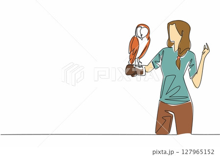 Single continuous line drawing barn owl perched on hand of woman. This animal has very sharp hearing. Hunter of the night who flies silently. Woman Holding Bird. One line design vector illustration 127965152