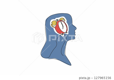 Single continuous line drawing the head of a young woman has an alarm clock in the middle of her head. Work done. Waiting for home time. Inside the Head of Woman. One line design vector illustration 127965156