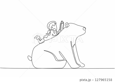 Single continuous line drawing girl reading book on cute polar bear. Lying on stomach reading a book. Reading fiction. The nerd. Girl Reading Book at Animal Back. One line design vector illustration 127965158