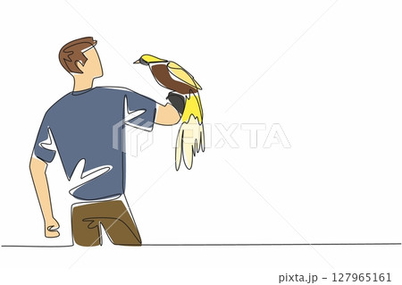 Single continuous line drawing bird of paradise perched on hand of man. Admiring the beauty of its feathers up close. Fascinated. Eye catching. Man Holding Bird. One line design vector illustration Single continuous line drawing bird of paradise perched on hand of man. Admiring the beauty of its feathers up close. Fascinated. Eye catching. Man Holding Bird. One line design vector illustration 127965161