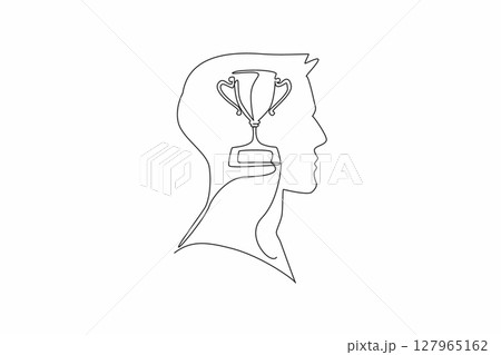 Single continuous line drawing head of a man with a trophy in the middle of his head. Always think about being a champion. The ambitious. Inside the Head of Man. One line design vector illustration Single continuous line drawing head of a man with a trophy in the middle of his head. Always think about being a champion. The ambitious. Inside the Head of Man. One line design vector illustration 127965162