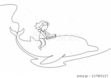Single continuous line drawing girl reading book on cute dolphin swimming. Observing the smartest aquatic mammal from the book. Girl Reading Book at Animal Back. One line design vector illustration Single continuous line drawing girl reading book on cute dolphin swimming. Observing the smartest aquatic mammal from the book. Girl Reading Book at Animal Back. One line design vector illustration 127965227