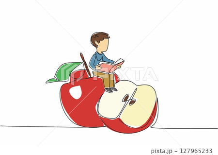 Single continuous line drawing young boy reading on apple. Sit back and read about the many benefits of apples. Nerd. Boy Reading Book at Vegetables and Fruits. One line design vector illustration Single continuous line drawing young boy reading on apple. Sit back and read about the many benefits of apples. Nerd. Boy Reading Book at Vegetables and Fruits. One line design vector illustration 127965233