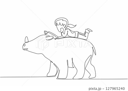 Continuous one line drawing girl reading book on cute rhinoceros. Reading about the benefits of rhinos to nature. Nerd. Girl Reading Book at Animal Back. Single line draw design vector illustration 127965240