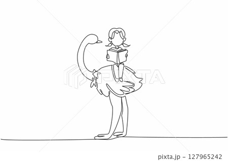 Single continuous line drawing young girl reading book on cute ostrich. Read about the uniqueness and specialness of ostriches. Girl Reading Book at Animal Back. One line design vector illustration 127965242