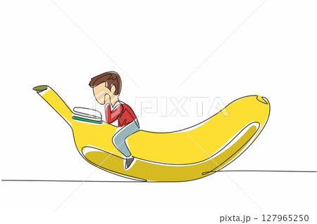 Single continuous line drawing young boy reading on banana. Learn the benefits of fruit for the body. Health conscious. Boy Reading Book at Vegetables and Fruits. One line design vector illustration 127965250