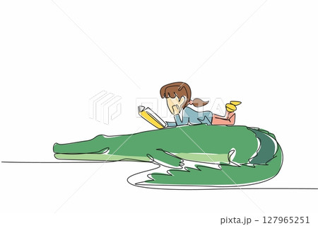 Continuous one line drawing girl reading book on cute crocodile. Lying on stomach reading book. Reading tips and tricks. Girl Reading Book at Animal Back. Single line draw design vector illustration 127965251