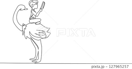 Single one line drawing boy reading book on cute ostrich. Sit cross legged and study seriously. Learn to be an observer. Boy Reading Book at Animal Back. Continuous line design graphic illustration Single one line drawing boy reading book on cute ostrich. Sit cross legged and study seriously. Learn to be an observer. Boy Reading Book at Animal Back. Continuous line design graphic illustration 127965257