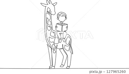 Continuous one line drawing the young boy reading book on cute giraffe. Learn about natural science directly from nature. Boy Reading Book at Animal Back. Single line draw design vector illustration 127965260