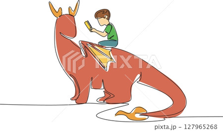 Continuous one line drawing young boy reading book on cute dragon. Delving into old folklore. Myth or fact. Fun. The nerd. Boy Reading Book at Animal Back. Single line draw design vector illustration 127965268