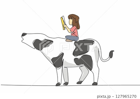 Single one line drawing girl reading book on cute cow. Read recipe books for delicious meat dishes. Aspiring little chef. Girl Reading Book at Animal Back. Continuous line design graphic illustration Single one line drawing girl reading book on cute cow. Read recipe books for delicious meat dishes. Aspiring little chef. Girl Reading Book at Animal Back. Continuous line design graphic illustration 127965270