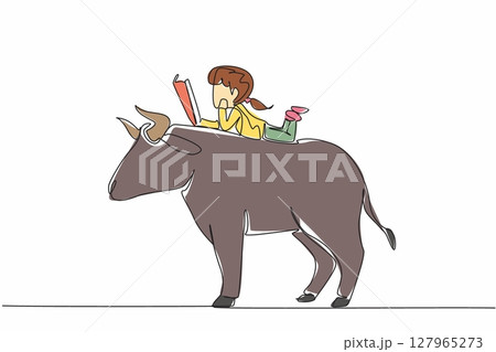 Single one line drawing the young girl reading book on cute bull. Lying face down reading seriously. Focus. The nerd. Girl Reading Book at Animal Back. Continuous line design graphic illustration 127965273