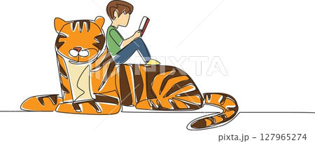 Single continuous line drawing boy reading book on cute tiger. The student who is repeating the subject. Studying. Smart. The nerd. Boy Reading Book at Animal Back. One line design vector illustration Single continuous line drawing boy reading book on cute tiger. The student who is repeating the subject. Studying. Smart. The nerd. Boy Reading Book at Animal Back. One line design vector illustration 127965274