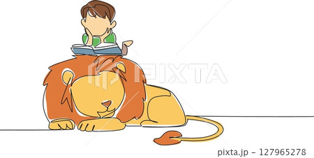 Continuous one line drawing boy reading book on cute lion. Symbolizing the importance of seeking knowledge even in danger. Boy Reading Book at Animal Back. Single line draw design vector illustration Continuous one line drawing boy reading book on cute lion. Symbolizing the importance of seeking knowledge even in danger. Boy Reading Book at Animal Back. Single line draw design vector illustration 127965278