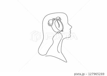 Single continuous line drawing the head of a young woman has an alarm clock in the middle of her head. Work done. Waiting for home time. Inside the Head of Woman. One line design vector illustration 127965289