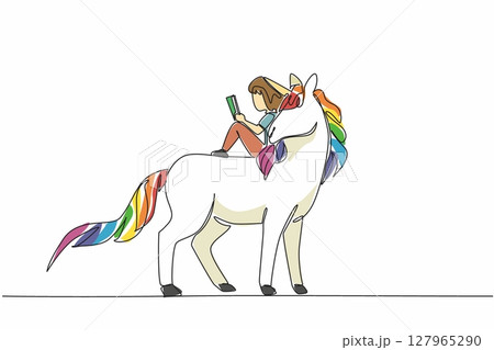Single one line drawing the girl reading book on cute unicorn. Sitting back. Relaxed but very serious reading. The nerd. Girl Reading Book at Animal Back. Continuous line design graphic illustration 127965290
