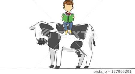 Continuous one line drawing boy reading book on cute cow. Learning the tastiest part of a cow. Deliciousness. The nerd. Boy Reading Book at Animal Back. Single line draw design vector illustration 127965291