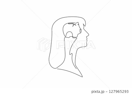 Continuous one line drawing the head of a woman with a piggy bank in the middle of her head. Put saving first. Not wasteful. Inside the Head of Woman. Single line draw design vector illustration 127965293