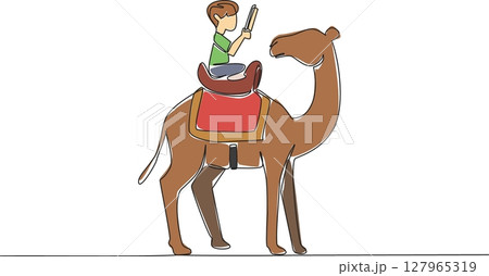 Continuous one line drawing boy reading book on cute camel. Find out main function of the camel hump. Learning from nature. Boy Reading Book at Animal Back. Single line draw design vector illustration 127965319