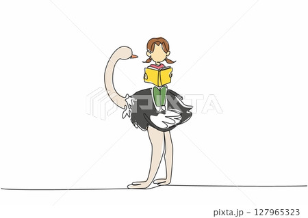 Single continuous line drawing young girl reading book on cute ostrich. Read about the uniqueness and specialness of ostriches. Girl Reading Book at Animal Back. One line design vector illustration Single continuous line drawing young girl reading book on cute ostrich. Read about the uniqueness and specialness of ostriches. Girl Reading Book at Animal Back. One line design vector illustration 127965323