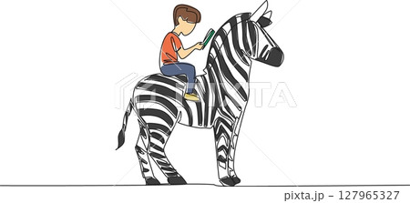 Continuous one line drawing the boy reading book on cute zebra. Seeking knowledge about the causes of zebra striped skin. Boy Reading Book at Animal Back. Single line draw design vector illustration Continuous one line drawing the boy reading book on cute zebra. Seeking knowledge about the causes of zebra striped skin. Boy Reading Book at Animal Back. Single line draw design vector illustration 127965327