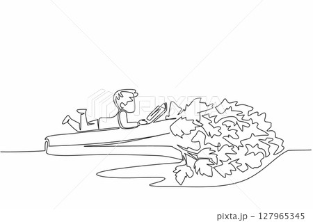 Continuous one line drawing boy reading on celery. Reading while lying on the stomach. Meaningful relaxation. Boy Reading Book at Vegetables and Fruits. Single line draw design vector illustration 127965345