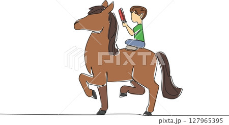 Single one line drawing boy reading book on cute horse. Learning and practicing balance. Reading on a walking horse. Nerd. Boy Reading Book at Animal Back. Continuous line design graphic illustration Single one line drawing boy reading book on cute horse. Learning and practicing balance. Reading on a walking horse. Nerd. Boy Reading Book at Animal Back. Continuous line design graphic illustration 127965395