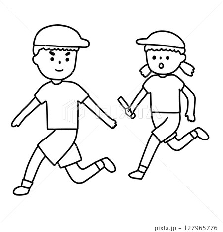 リレーで走る子供達（線画） 127965776