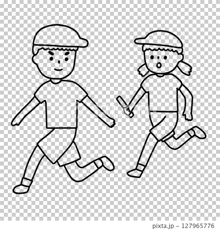 リレーで走る子供達（線画） 127965776