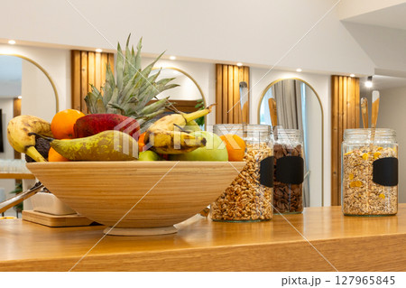 Hotel Buffet Breakfast with Cereal Options jars 127965845