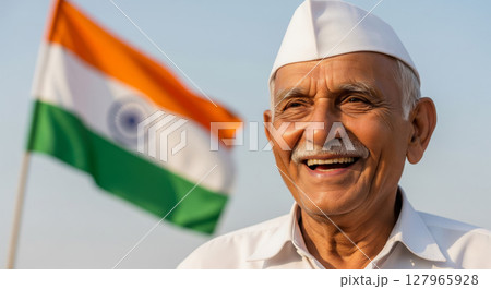 Happy senior Indian man in traditional cap, proudly smiling with the national flag. Indian Independence Day celebration. 127965928