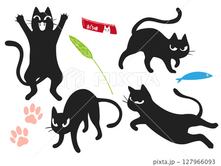 目つきの悪い黒猫4ポーズと猫グッズ 127966093