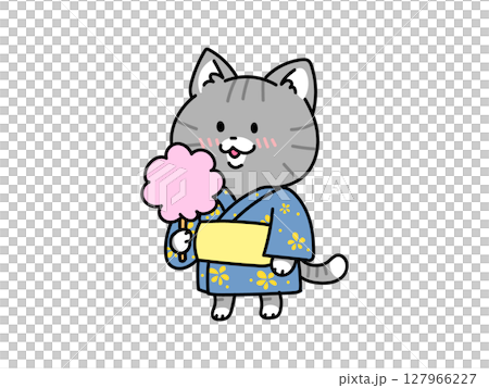 夏日祭典！穿著浴衣的貓咪吃棉花糖 127966227