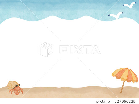 ビーチパラソルとヤドカリ 海の背景 水彩 フレーム 127966229