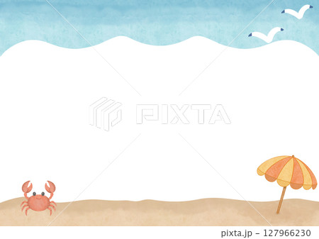 ビーチパラソルとカニ 海の背景 水彩 フレーム 127966230