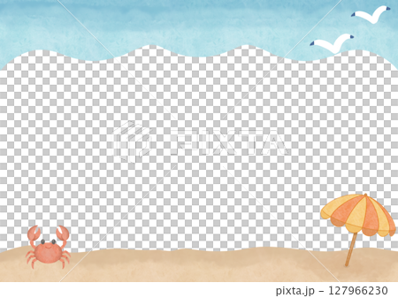 ビーチパラソルとカニ 海の背景 水彩 フレーム 127966230