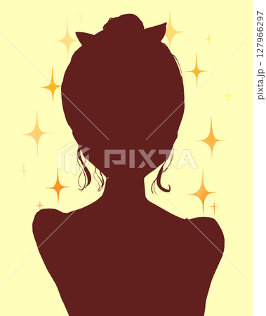 ヘアバンドをしたお団子頭の女性　頬に手　シルエット　キラキラ 127966297